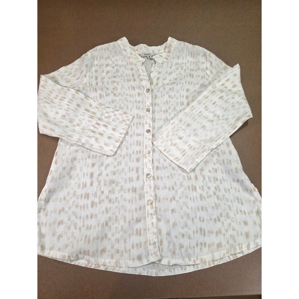 ZOZO Womens 100% Linen Button Down Tunic Shirt White Tan Ikat Print Size L